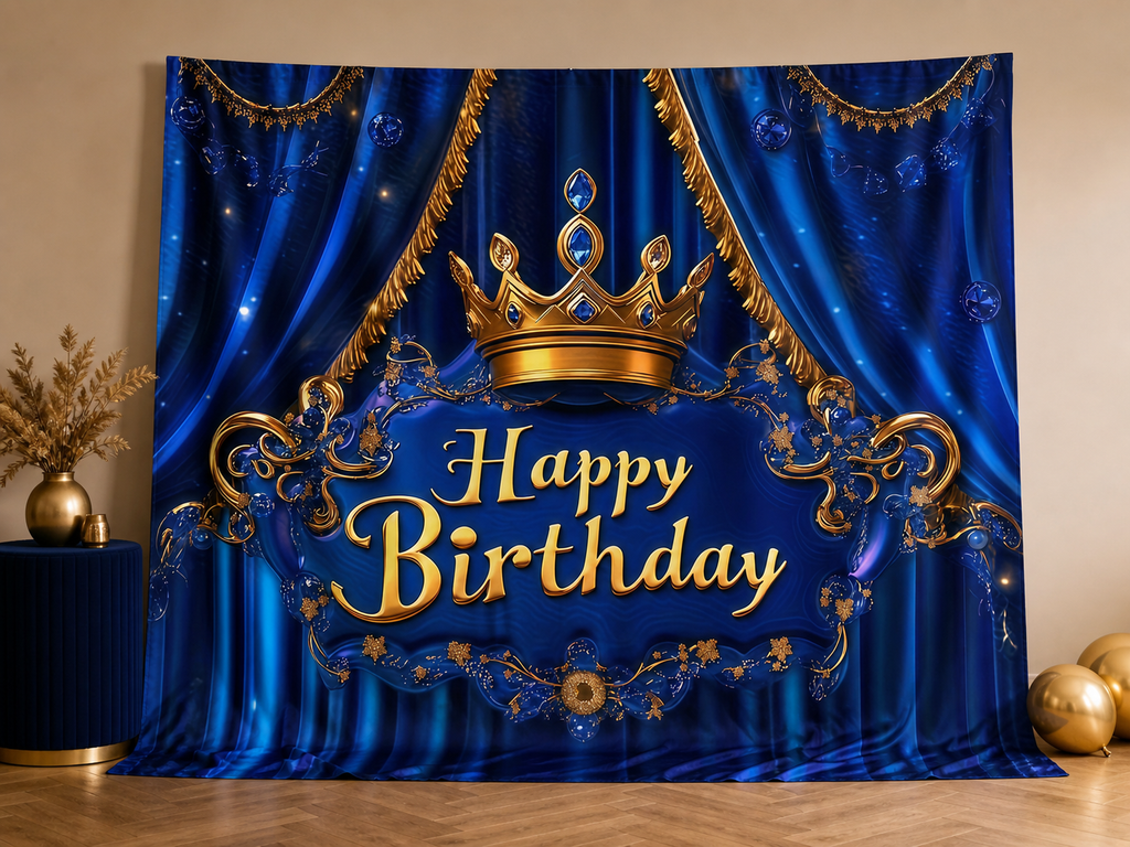 Blue and gold crown birthday photography backdrop