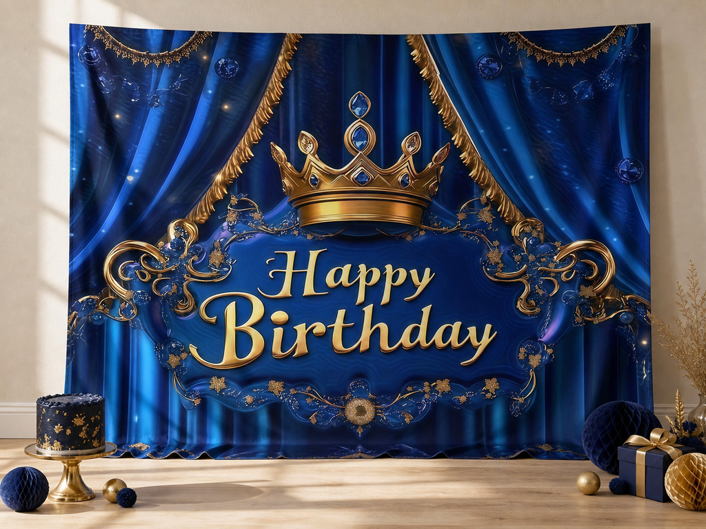 Luxury Happy Birthday royal blue photo backdrop