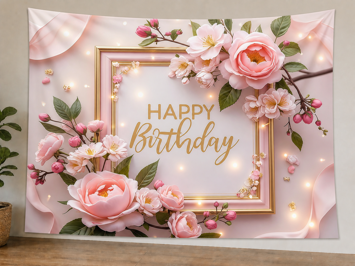 Pink Floral Happy Birthday Backdrop displayed on a lightweight polyester backdrop