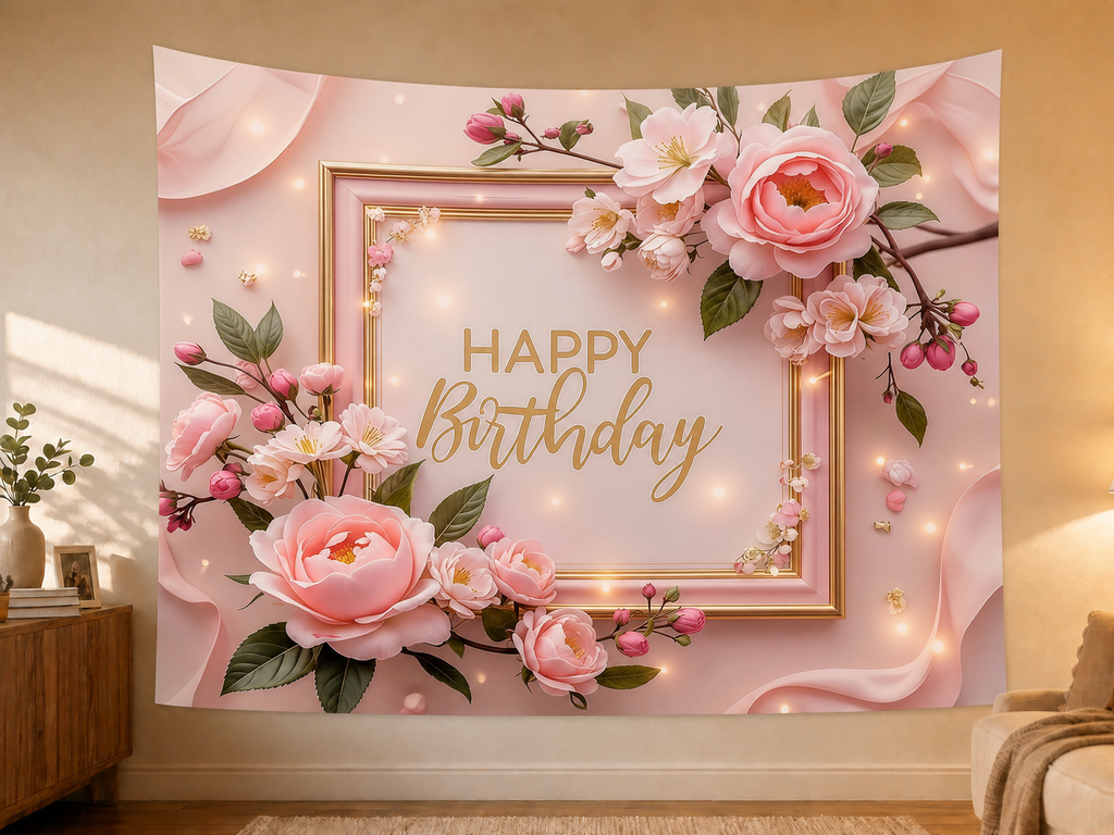Pink Floral Happy Birthday Backdrop in a realistic home wall setting
