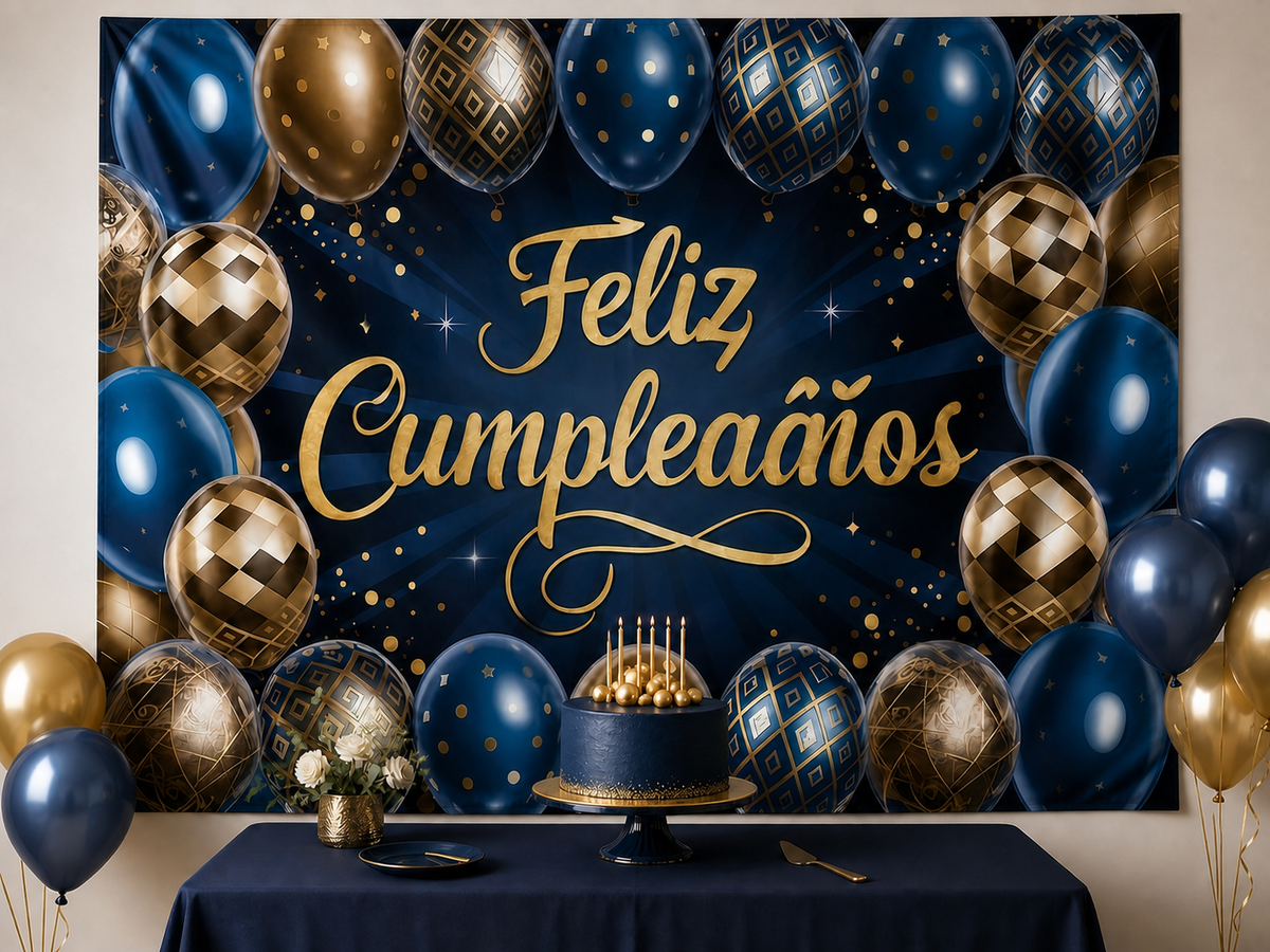 Spanish Feliz Cumpleanos navy gold birthday backdrop cake table scene