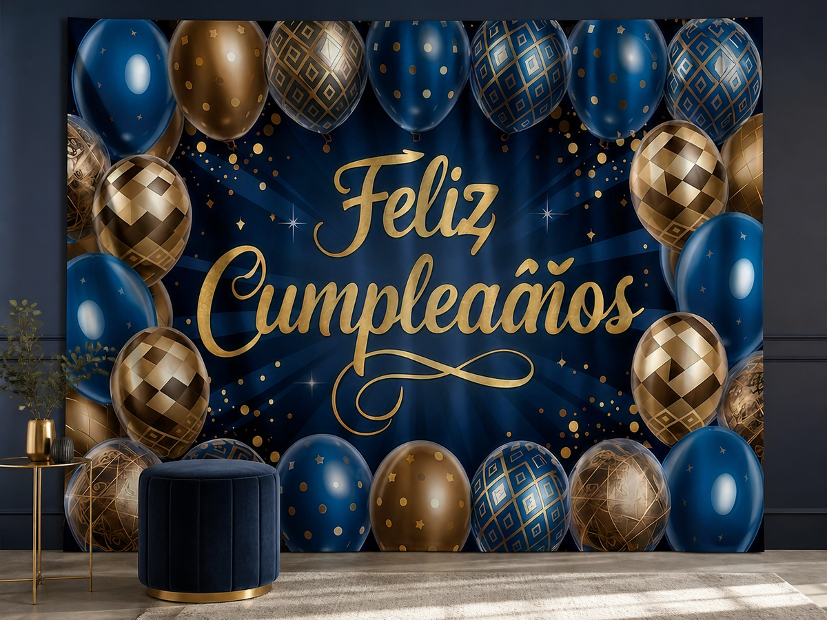 Spanish Feliz Cumpleanos navy gold birthday backdrop portrait lounge scene