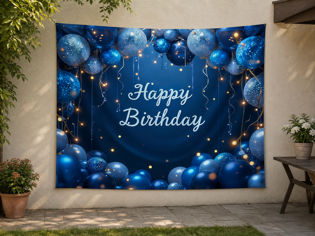 Navy Blue Happy Birthday Backdrop garden application scene
