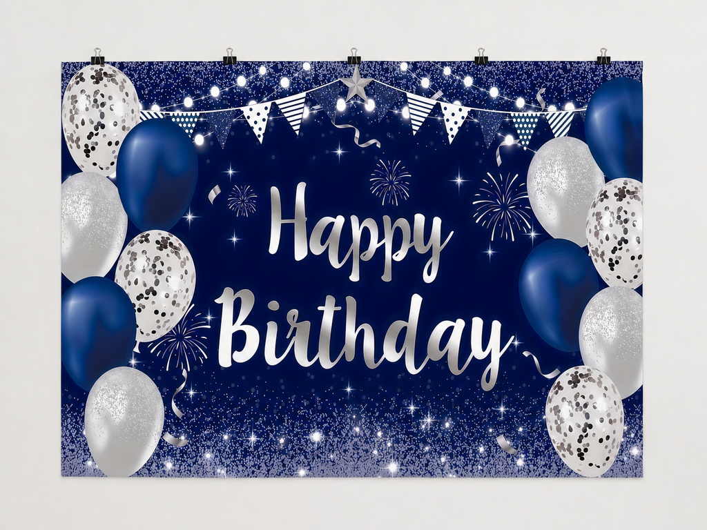 Blue and Silver Balloons Happy Birthday Backdrop — complete flat printed design; accessories not included