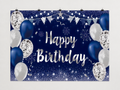 Blue and Silver Balloons Happy Birthday Backdrop — complete flat printed design; accessories not included