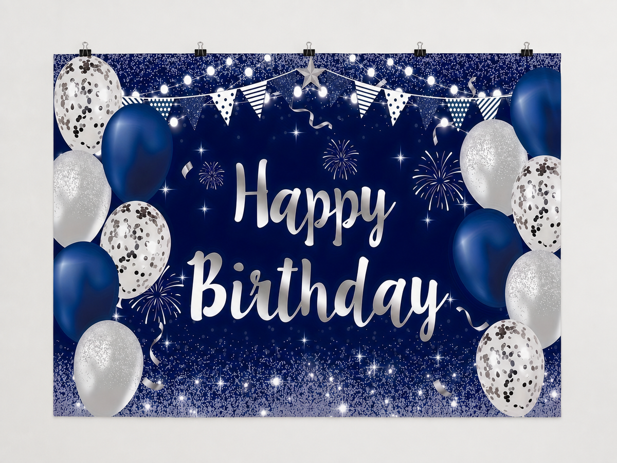 Blue and Silver Balloons Happy Birthday Backdrop — complete flat printed design; accessories not included