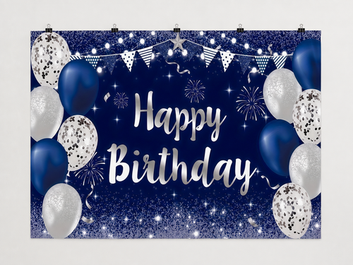 Blue and Silver Balloons Happy Birthday Backdrop — complete flat printed design; accessories not included