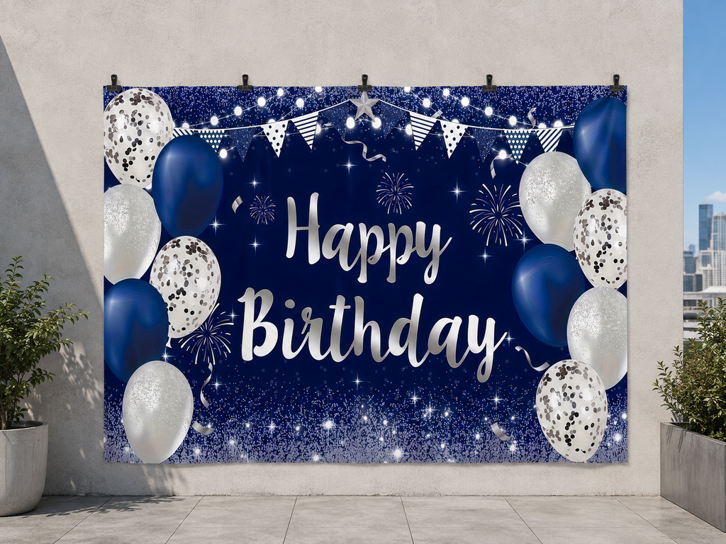 Blue and Silver Balloons Happy Birthday Backdrop — temporary dry outdoor wall-clip display; accessories not included