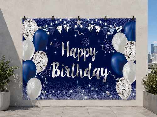 Blue and Silver Balloons Happy Birthday Backdrop — temporary dry outdoor wall-clip display; accessories not included