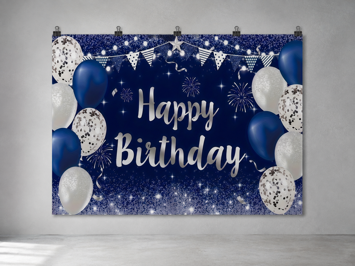 Blue and Silver Balloons Happy Birthday Backdrop — indoor wall-clip display; accessories not included