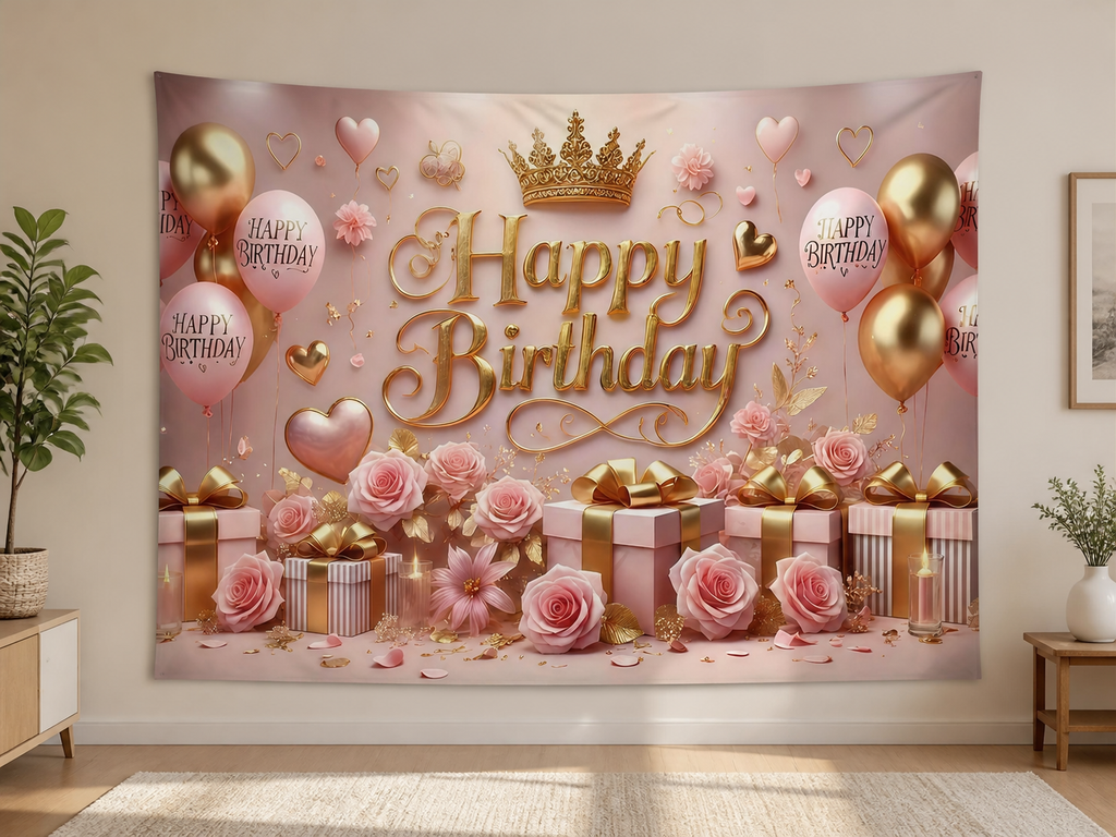 Pink Gold Floral Happy Birthday Backdrop indoor application scene