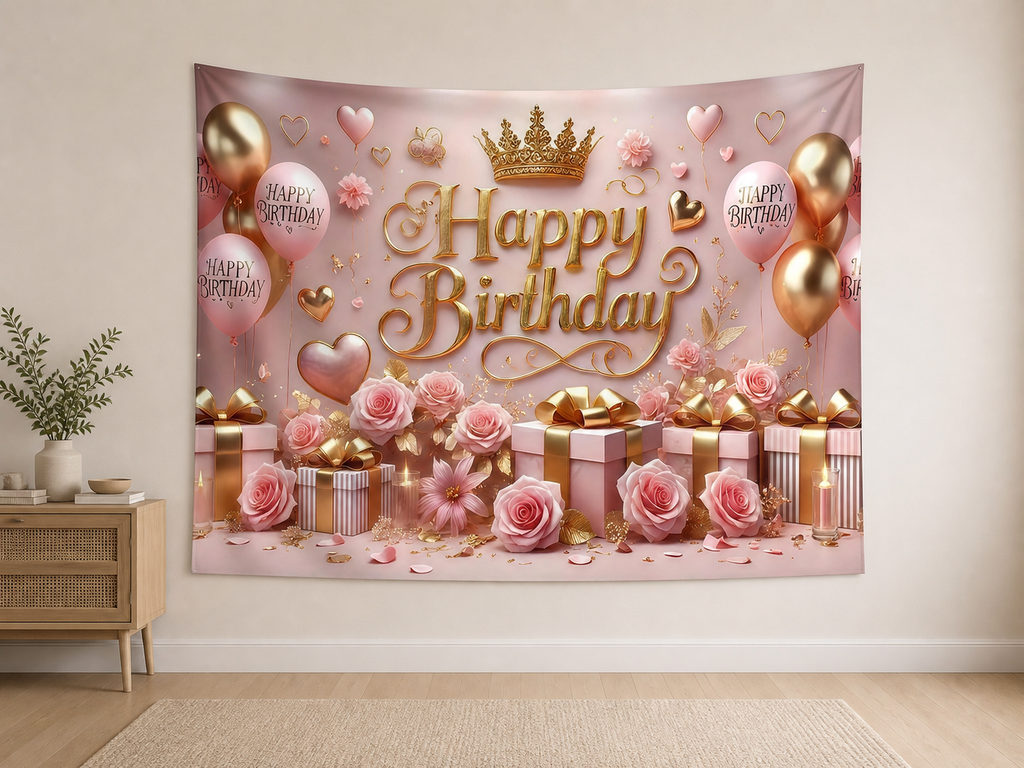Pink Gold Floral Happy Birthday Backdrop indoor application scene