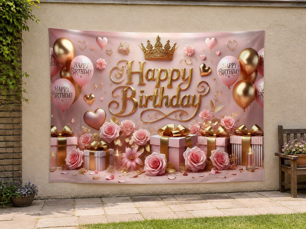 Pink Gold Floral Happy Birthday Backdrop garden application scene