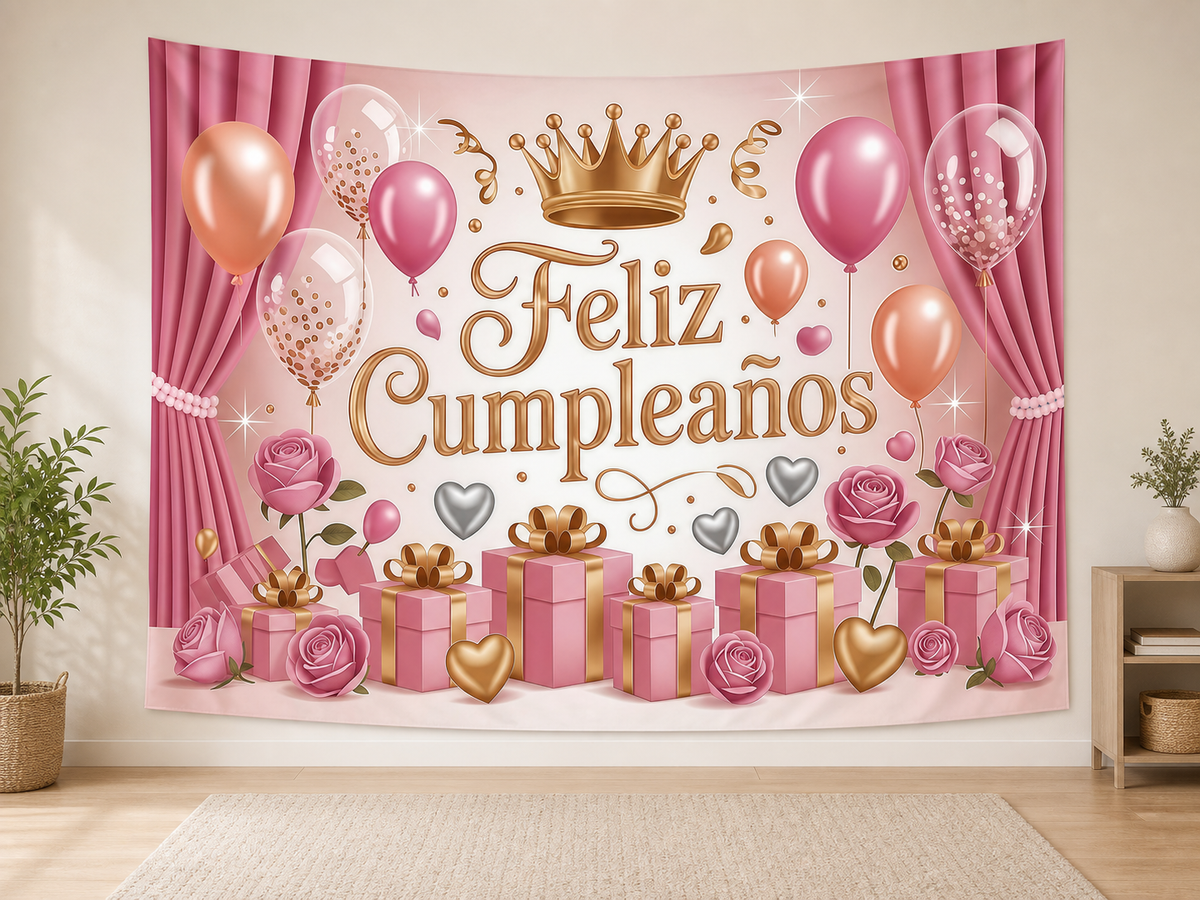 Spanish Pink Feliz Cumpleanos Backdrop indoor application scene