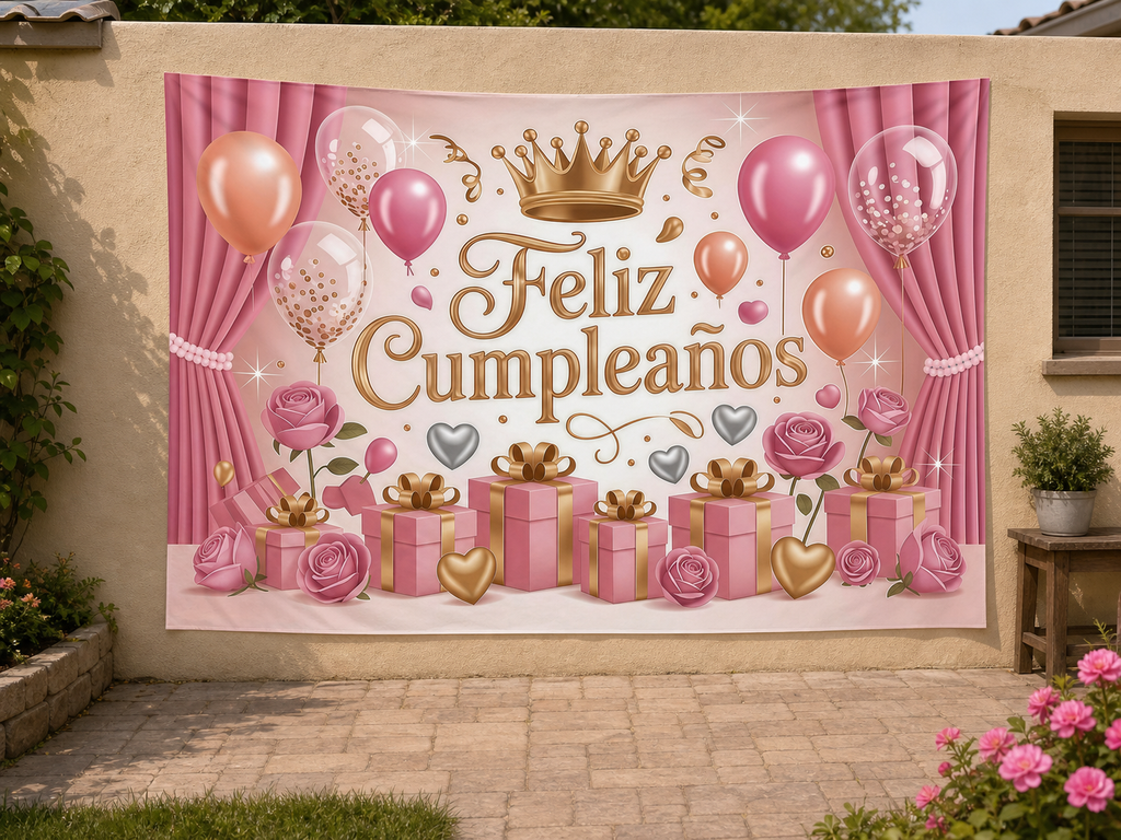 Spanish Pink Feliz Cumpleanos Backdrop garden application scene