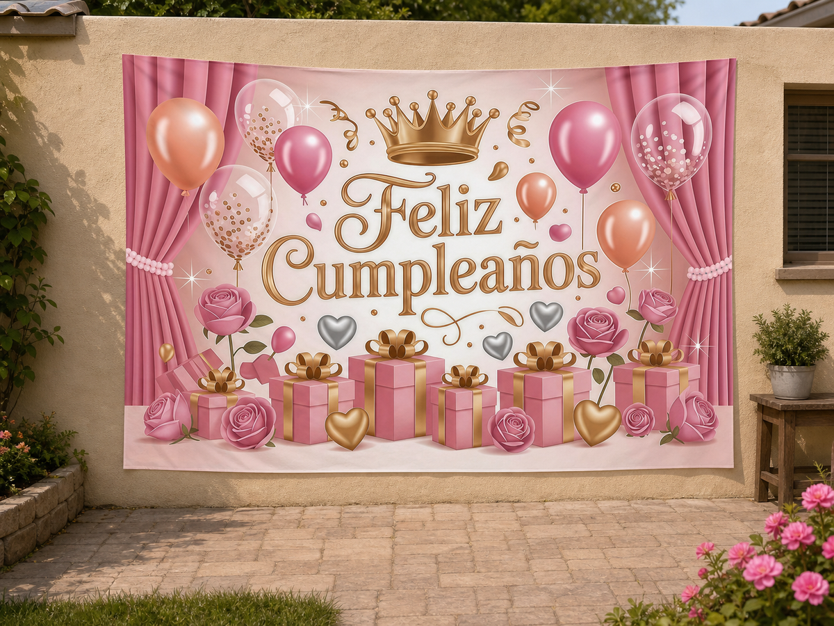 Spanish Pink Feliz Cumpleanos Backdrop garden application scene