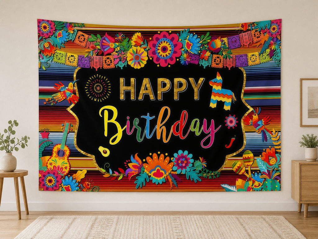 Mexican Fiesta Happy Birthday Backdrop displayed on a home wall