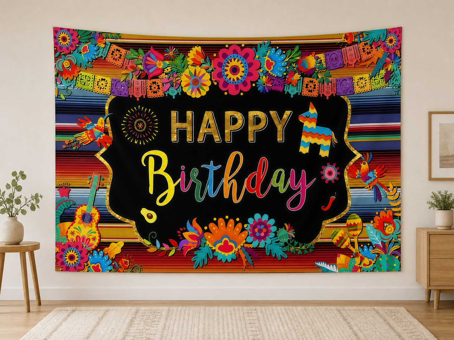 Mexican Fiesta Happy Birthday Backdrop displayed on a home wall