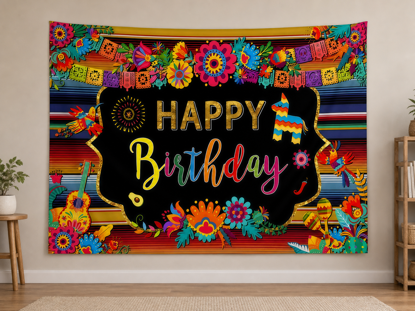 Mexican Fiesta Happy Birthday Backdrop in a realistic home setting