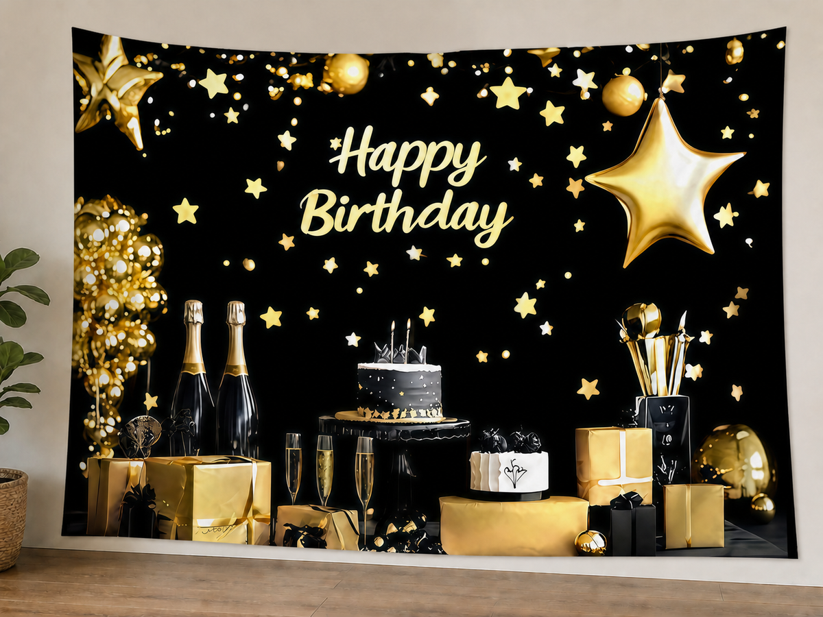 Black and Gold Birthday Champagne Backdrop styled scene 1