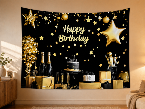 Black and Gold Birthday Champagne Backdrop styled scene 2