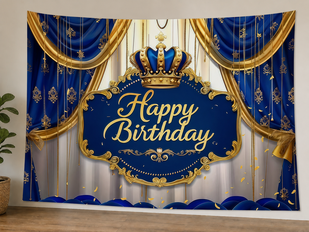 Blue Crown Happy Birthday Backdrop styled scene 1