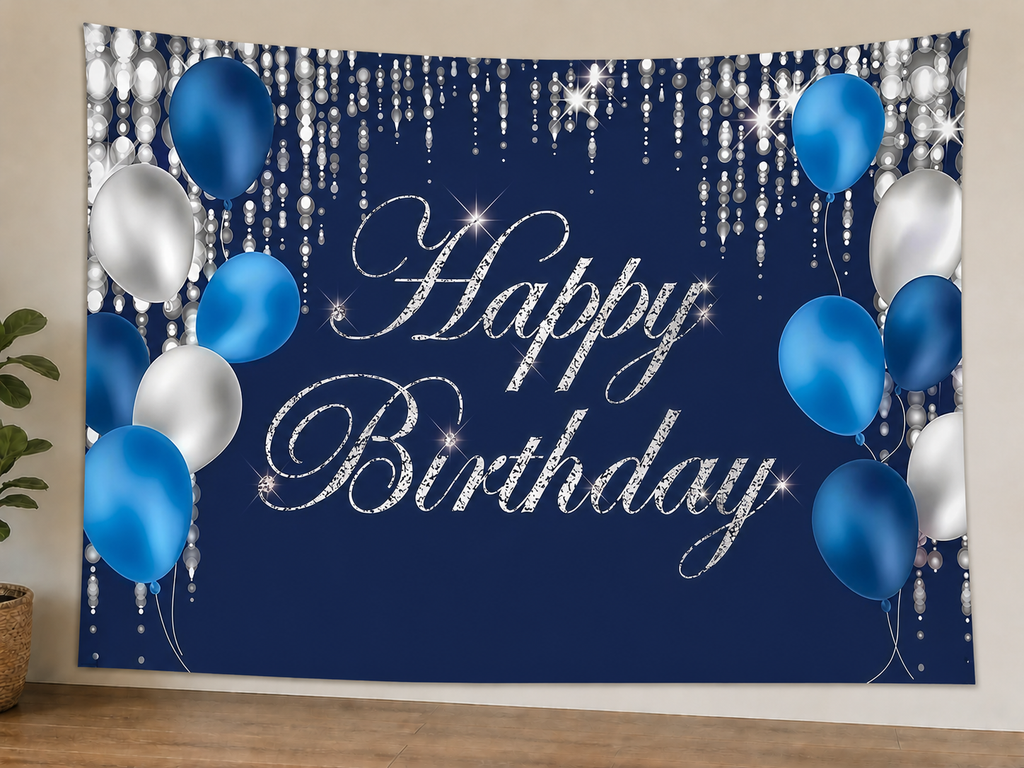 Navy and Silver Happy Birthday Backdrop styled scene 1
