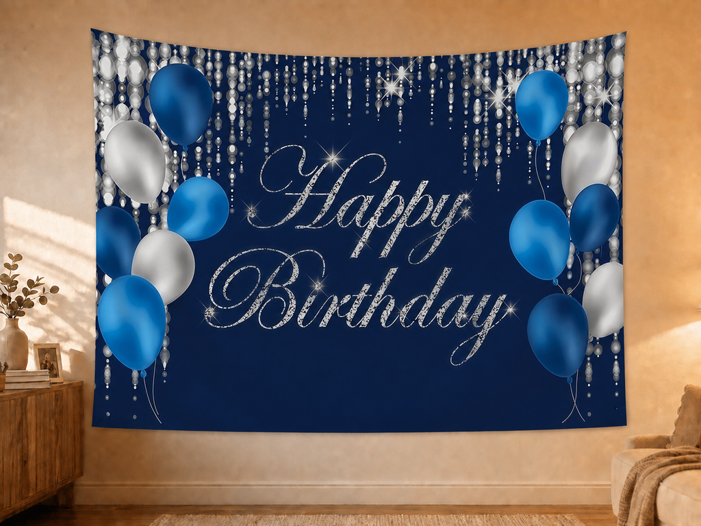 Navy and Silver Happy Birthday Backdrop styled scene 2