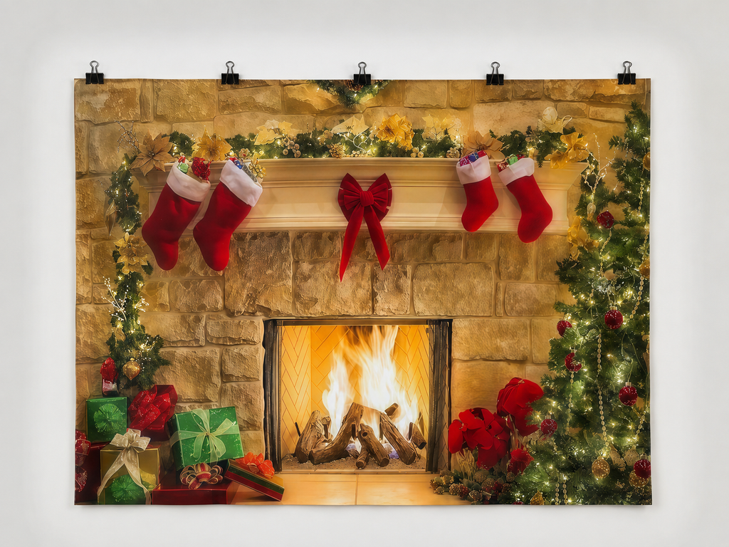 Christmas Fireplace Stockings and Gifts Printed Backdrop — complete flat printed design; accessories not included