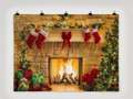 Christmas Fireplace Stockings and Gifts Printed Backdrop — complete flat printed design; accessories not included