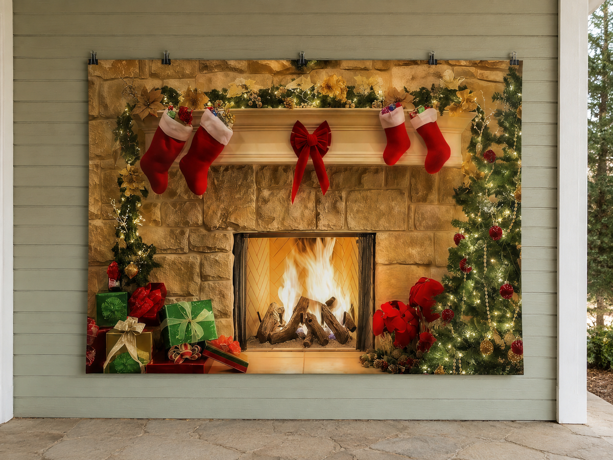 Christmas Fireplace Stockings and Gifts Printed Backdrop — temporary dry outdoor wall-clip display; accessories not included