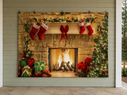 Christmas Fireplace Stockings and Gifts Printed Backdrop — temporary dry outdoor wall-clip display; accessories not included