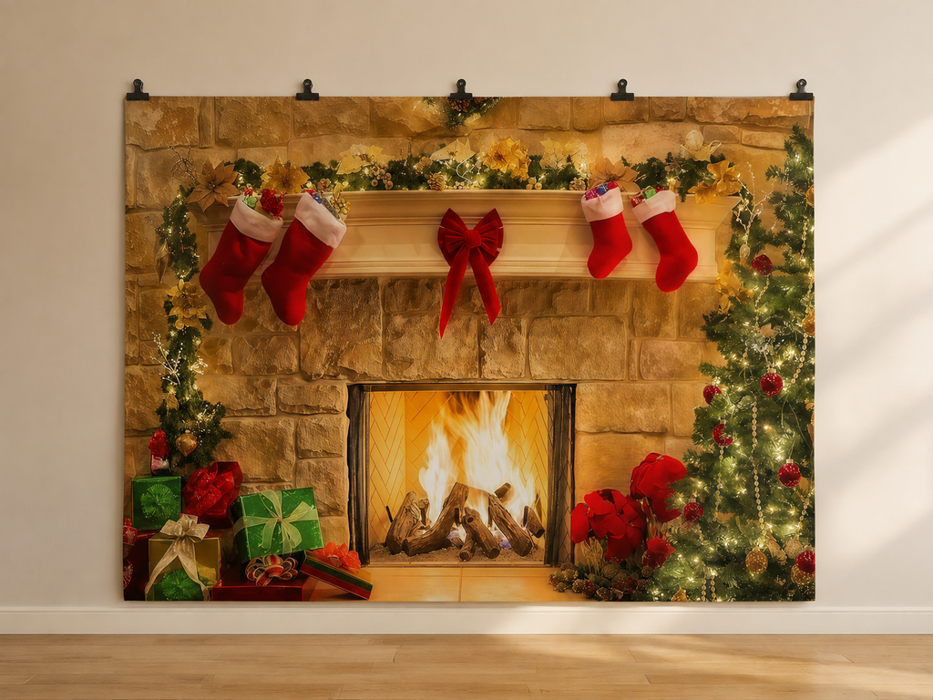 Christmas Fireplace Stockings and Gifts Printed Backdrop — indoor wall-clip display; accessories not included