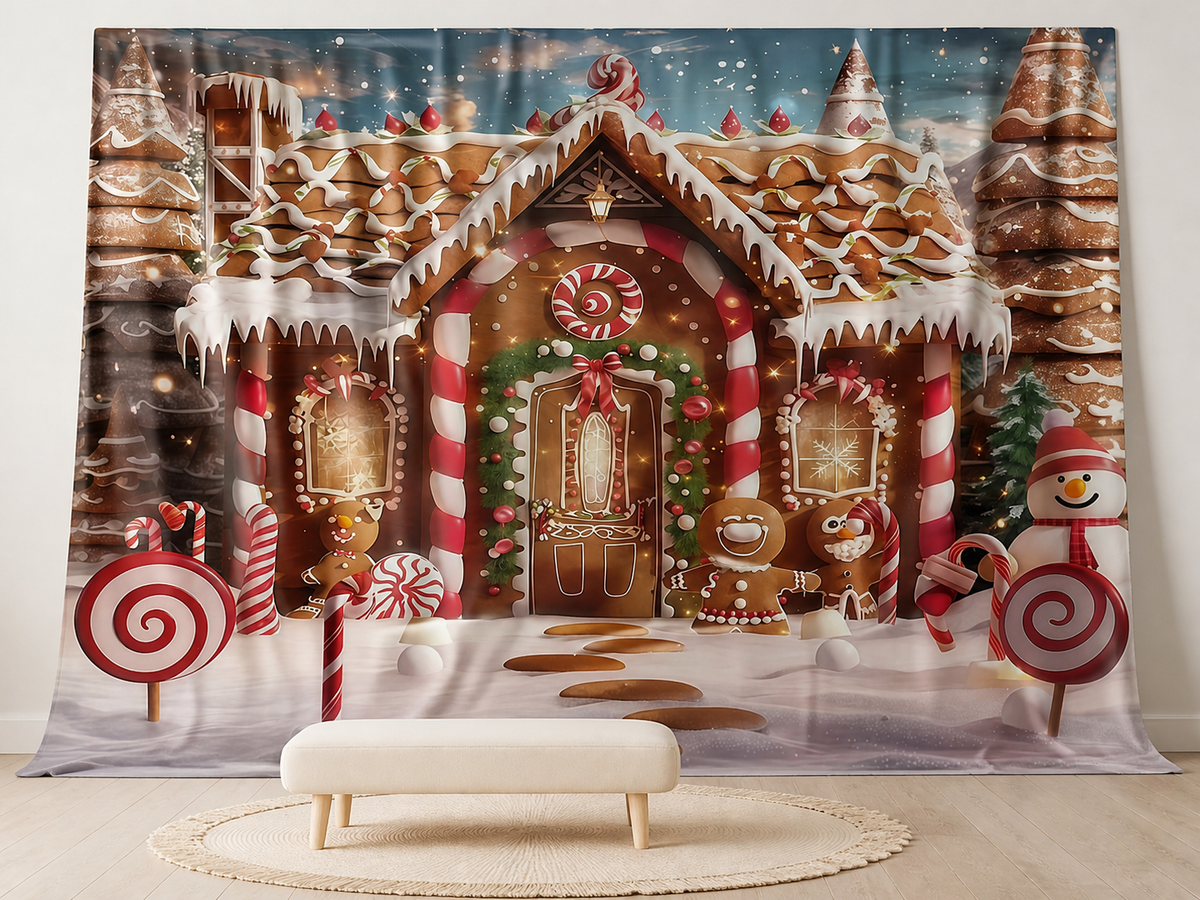 Gingerbread house fabric backdrop for children's Christmas portraits