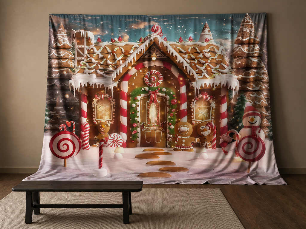 Gingerbread house holiday party photo booth backdrop