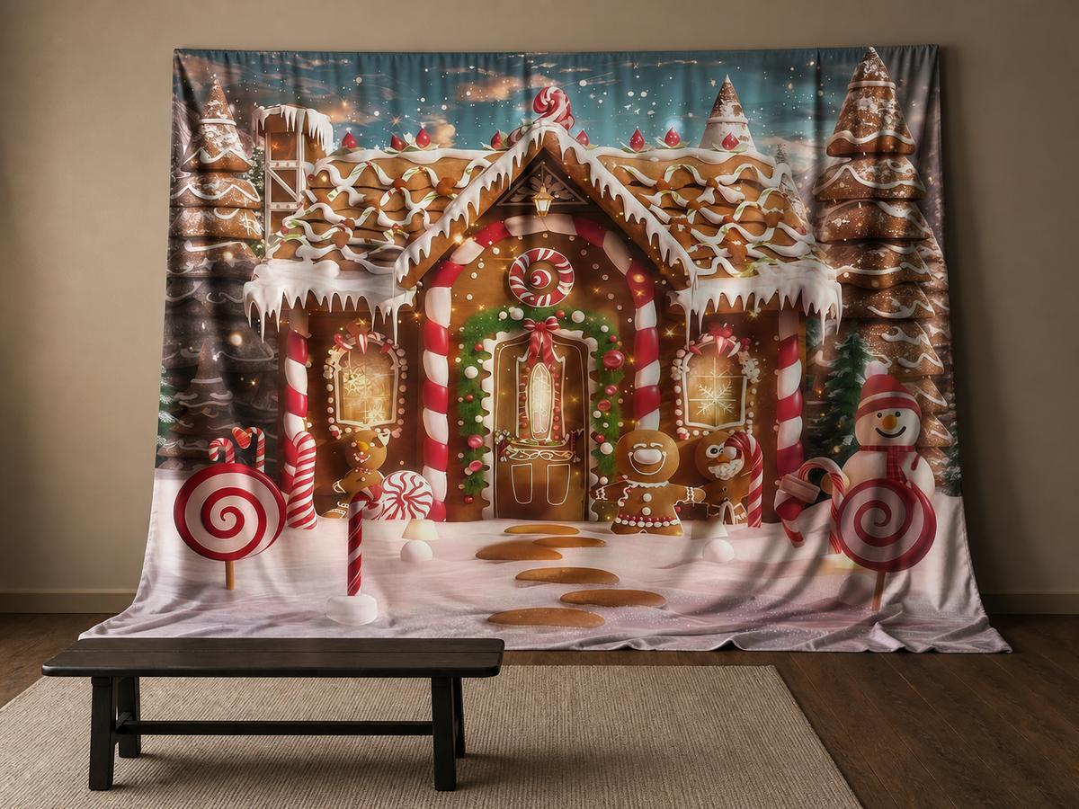 Gingerbread house holiday party photo booth backdrop