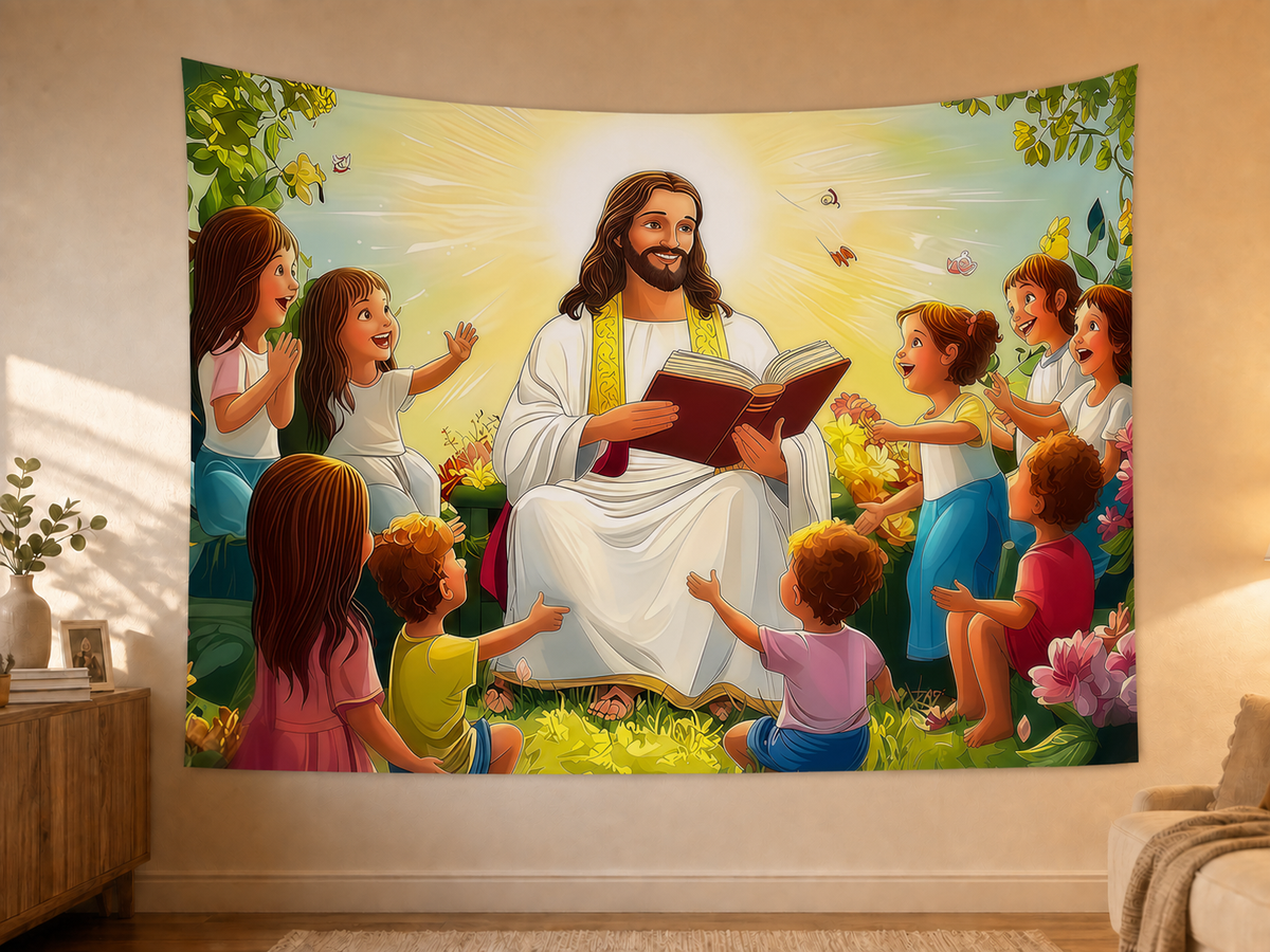 Jesus with Children Garden Backdrop styled scene 2