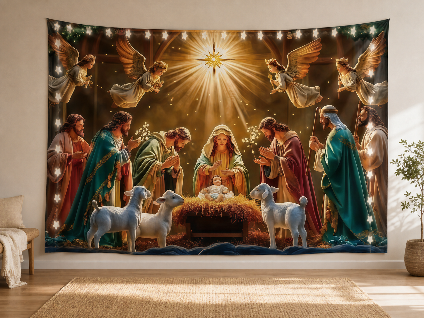 Starry Night Nativity Christmas Backdrop displayed on a home wall