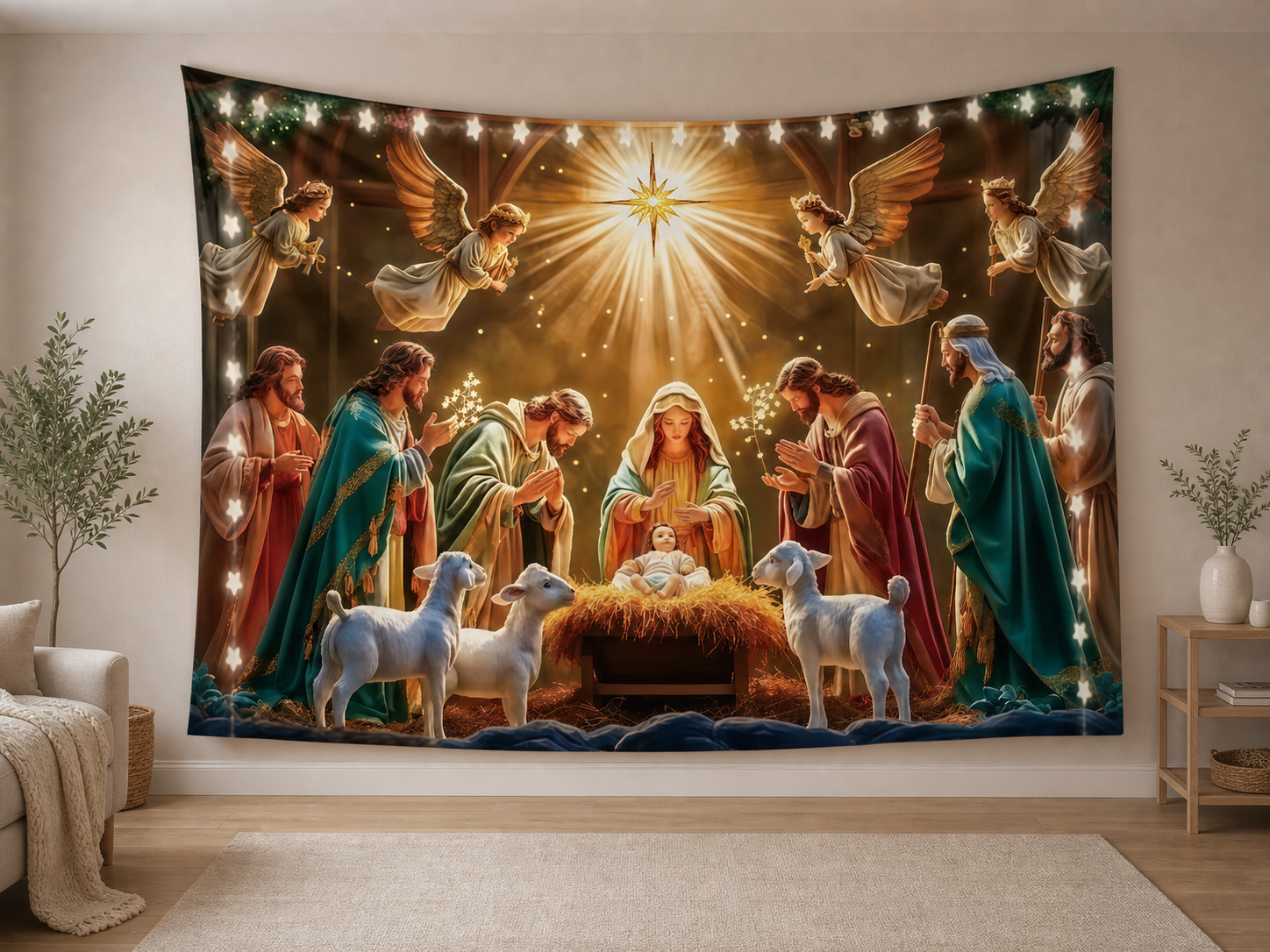 Starry Night Nativity Christmas Backdrop in a realistic home setting