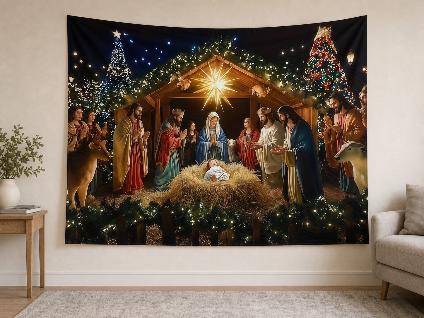 Nativity Christmas Scene Photography Backdrop displayed on a home wall