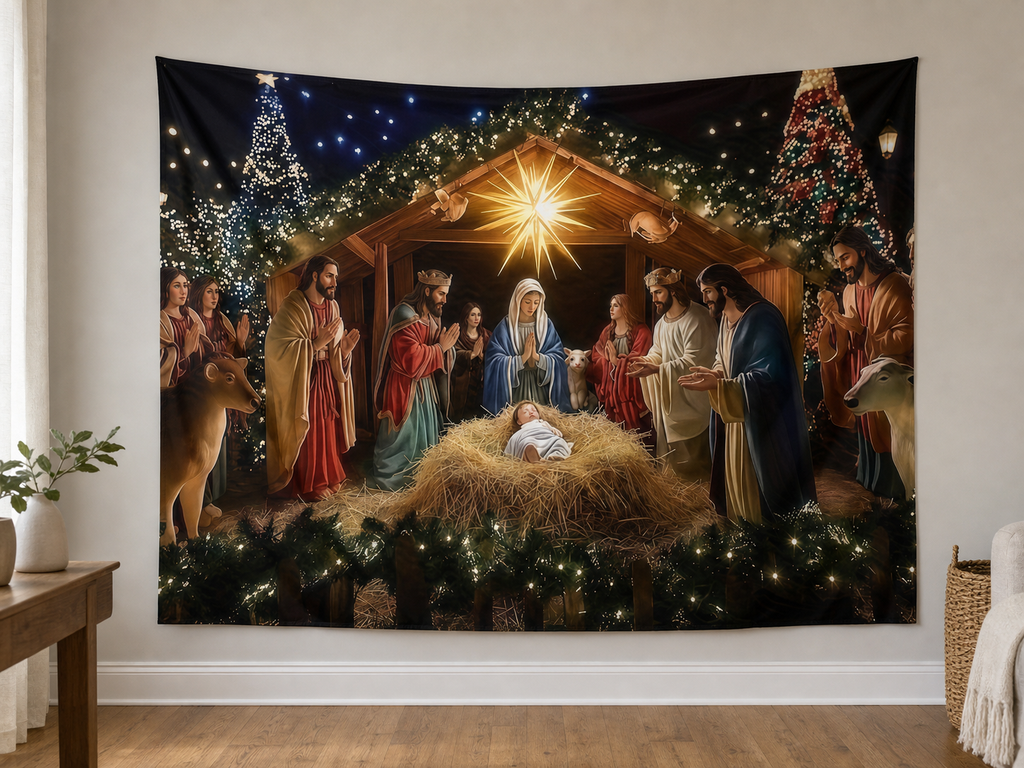 Nativity Christmas Scene Photography Backdrop in a realistic home setting