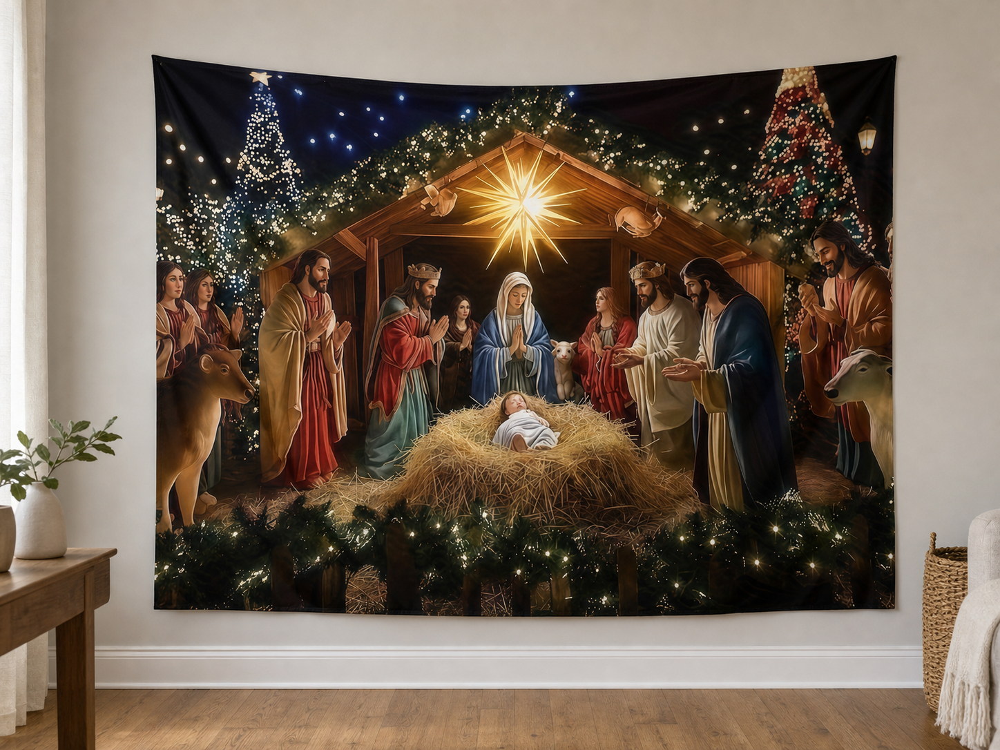 Nativity Christmas Scene Photography Backdrop in a realistic home setting