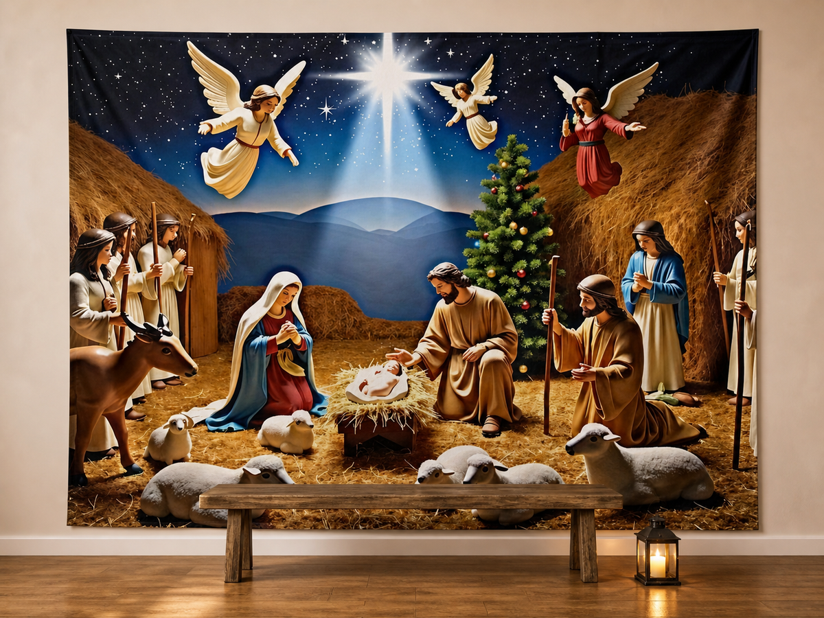 Nativity shepherds stars Christmas backdrop church celebration scene