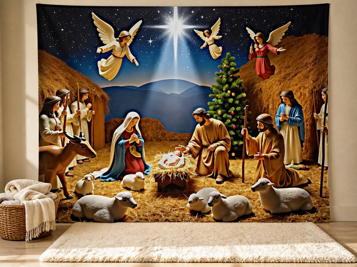 Nativity shepherds stars Christmas backdrop Sunday school scene