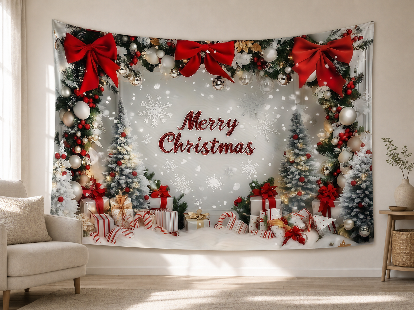 Merry Christmas Gifts and Snowflakes Backdrop displayed on a home wall