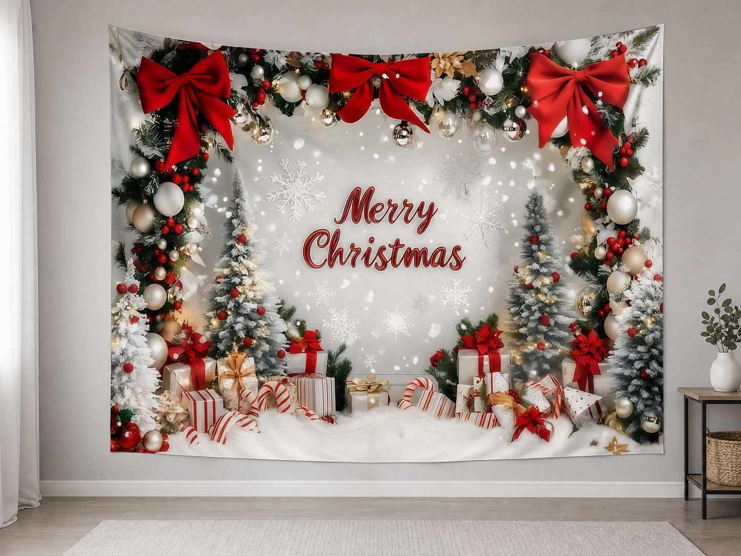 Merry Christmas Gifts and Snowflakes Backdrop in a realistic home setting