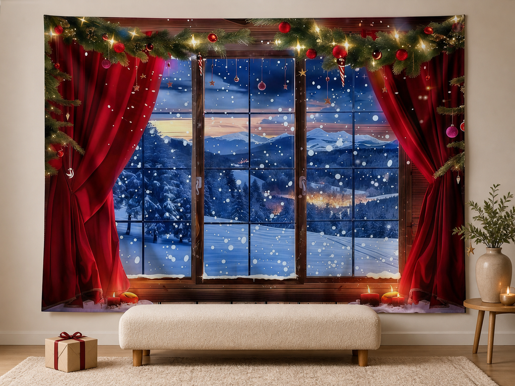 Snowy Christmas window red curtain backdrop family card scene