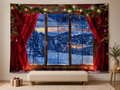 Snowy Christmas window red curtain backdrop family card scene