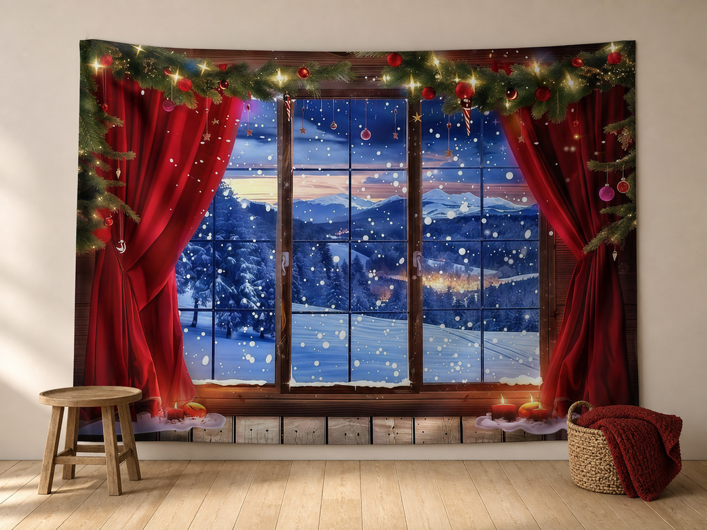 Snowy Christmas window red curtain backdrop mini session