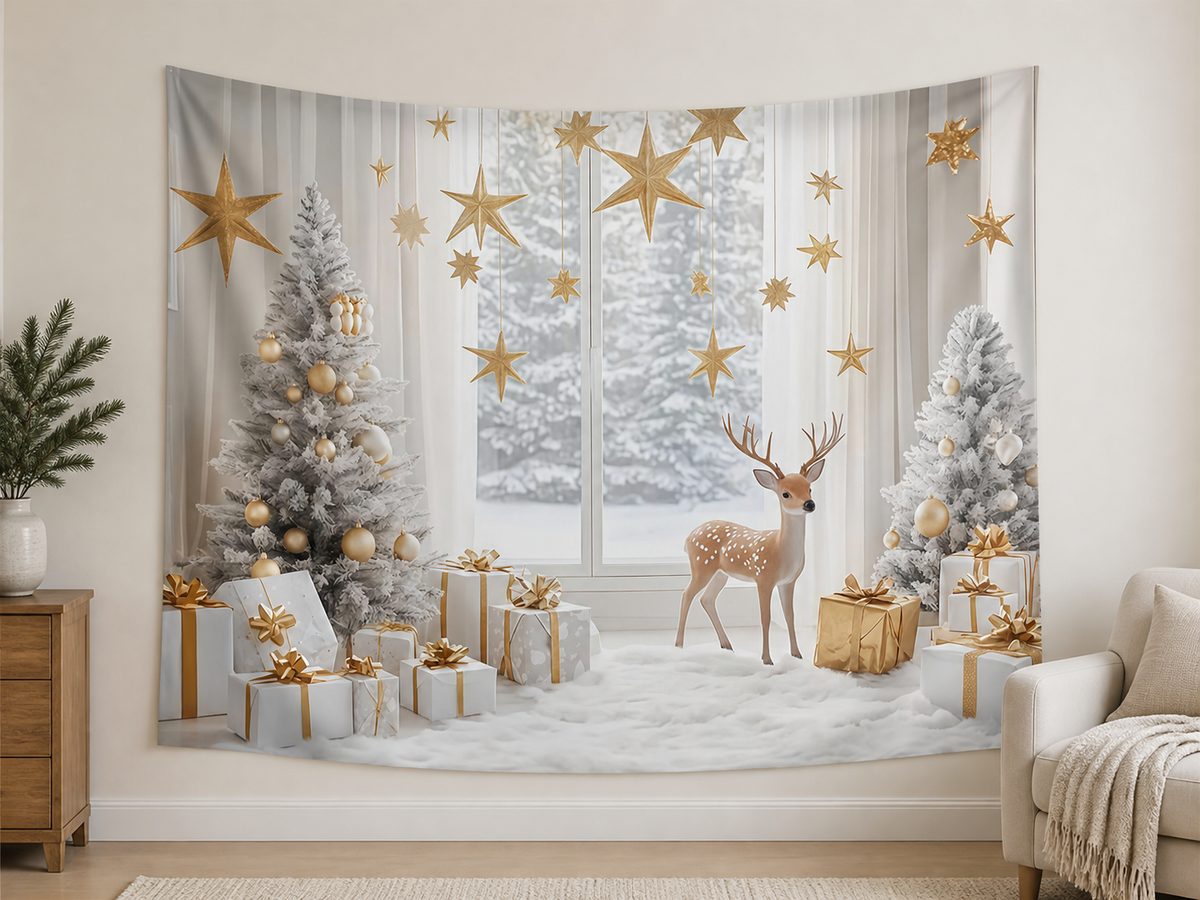Minimal White Gold Christmas Window Backdrop application scene 1